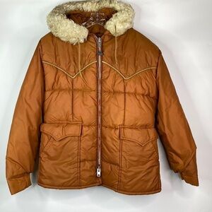 Vintage Double K Brand Western Brown Hooded Puffer Jacket Talon Size 18 (M/L)